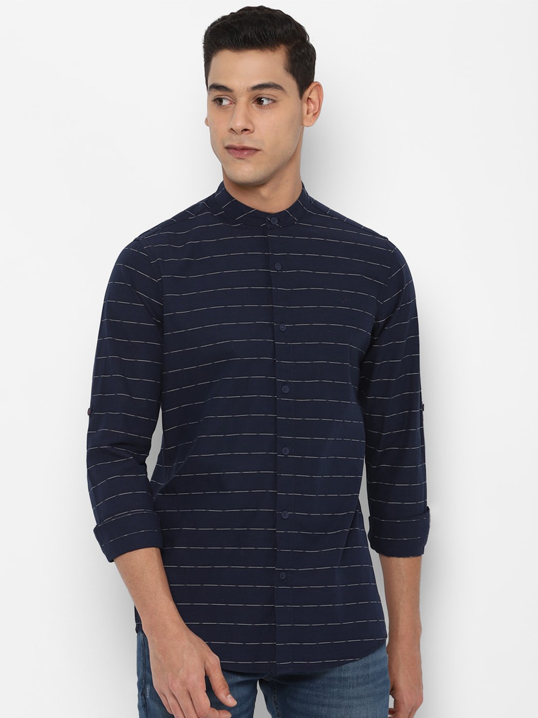

Allen Solly Sport Men Navy Blue Striped Regular Cotton Casual Shirt