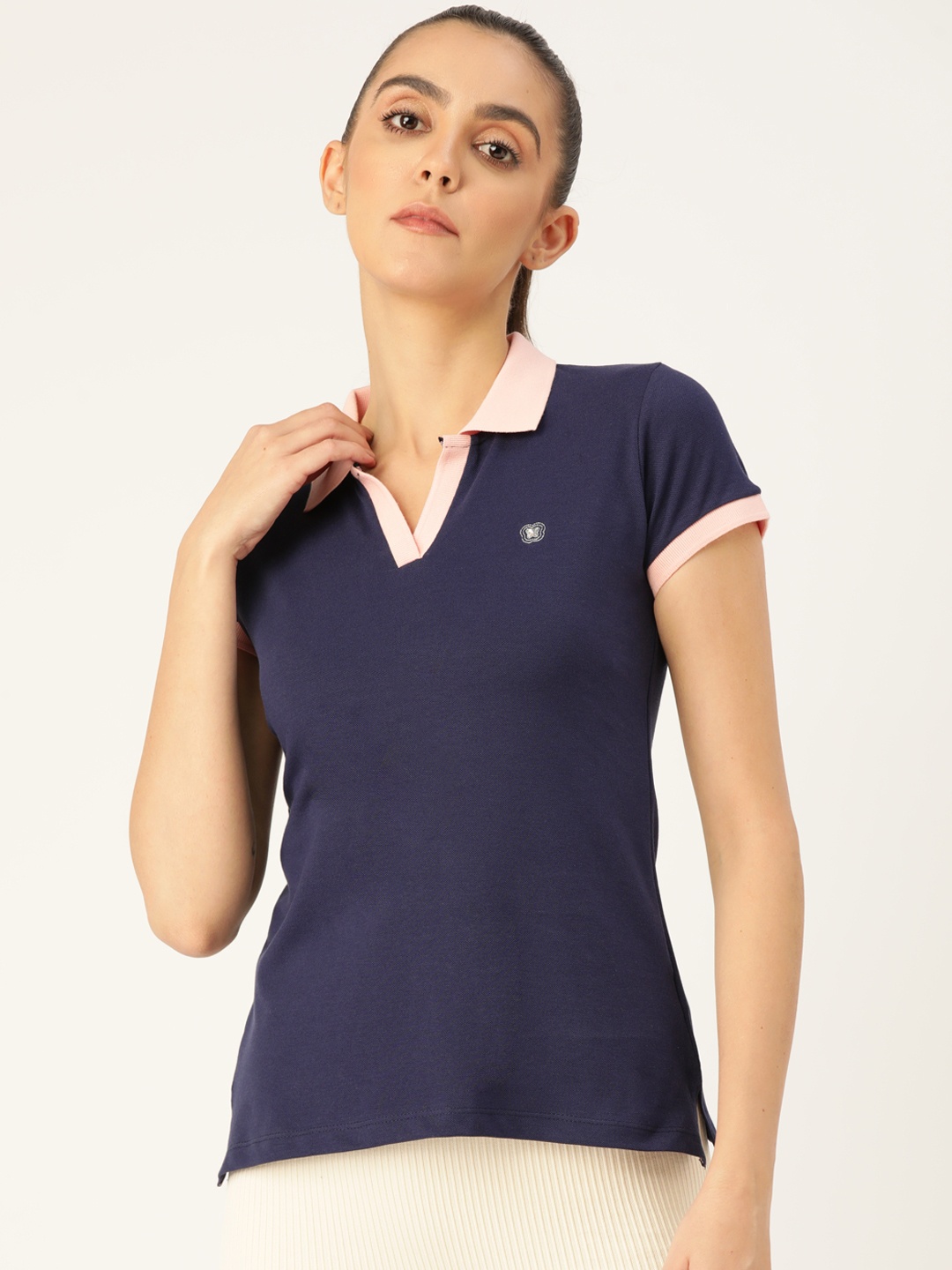 

FEMEA Women Navy Blue Solid Polo Collar T-shirt