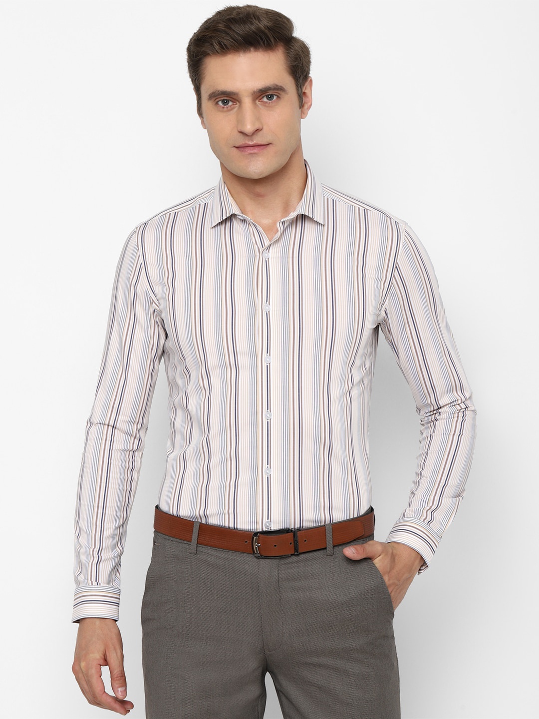 

Louis Philippe Men Grey & White Slim Fit Striped Formal Shirt
