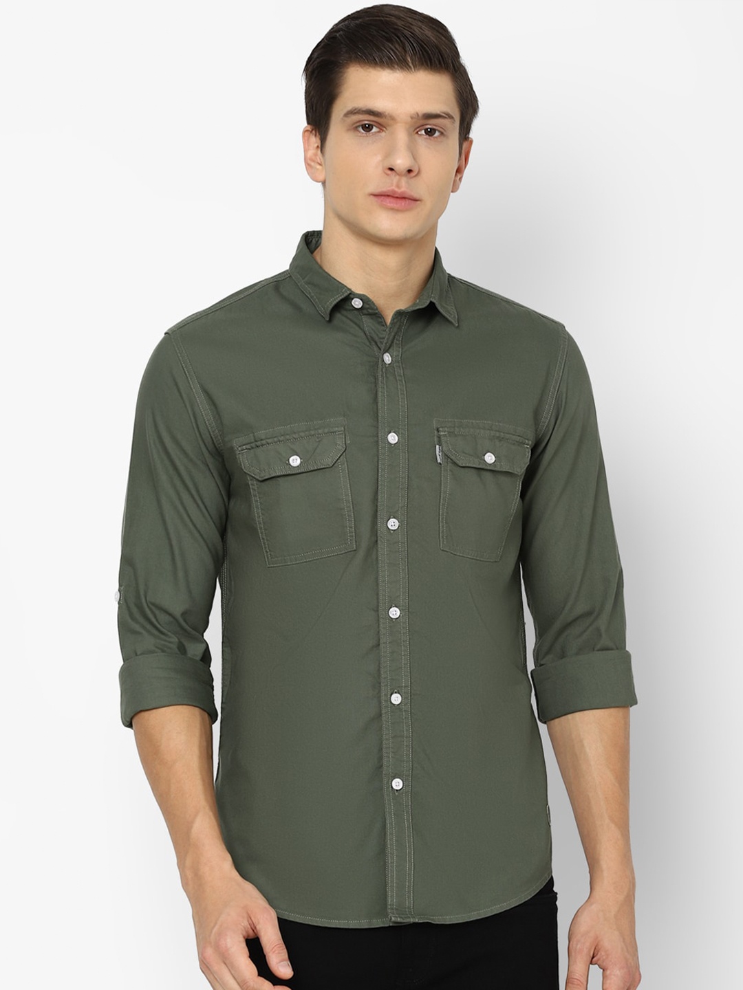 

Louis Philippe Jeans Men Olive Green Solid Slim Fit Casual Shirt