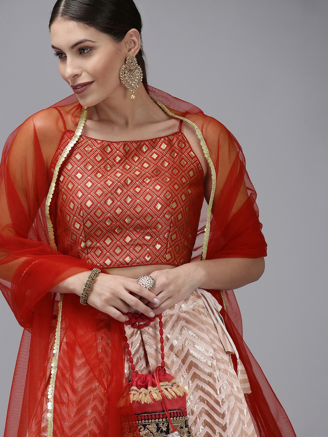 

DIVASTRI Red & White Ready to Wear Lehenga & Unstitched Blouse With Dupatta