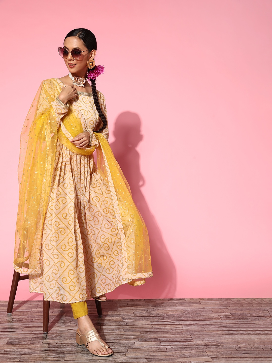 

Inddus Women Solid Poly-Chiffon Ethereal Embroidery Kurta Set, Yellow