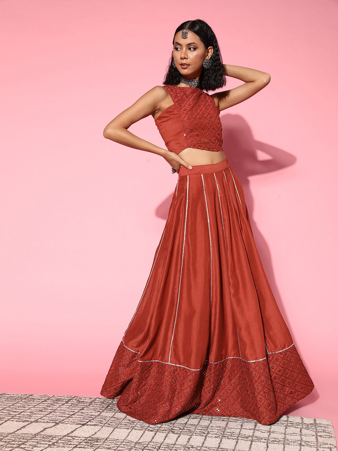 

Inddus Women Rust Self-design Top With Skirt