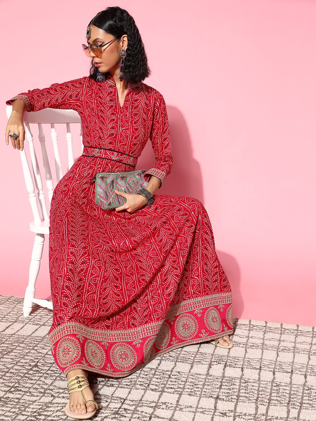 

Inddus Women Pretty Pink Ethnic Motifs Ethereal Embroidery Dress
