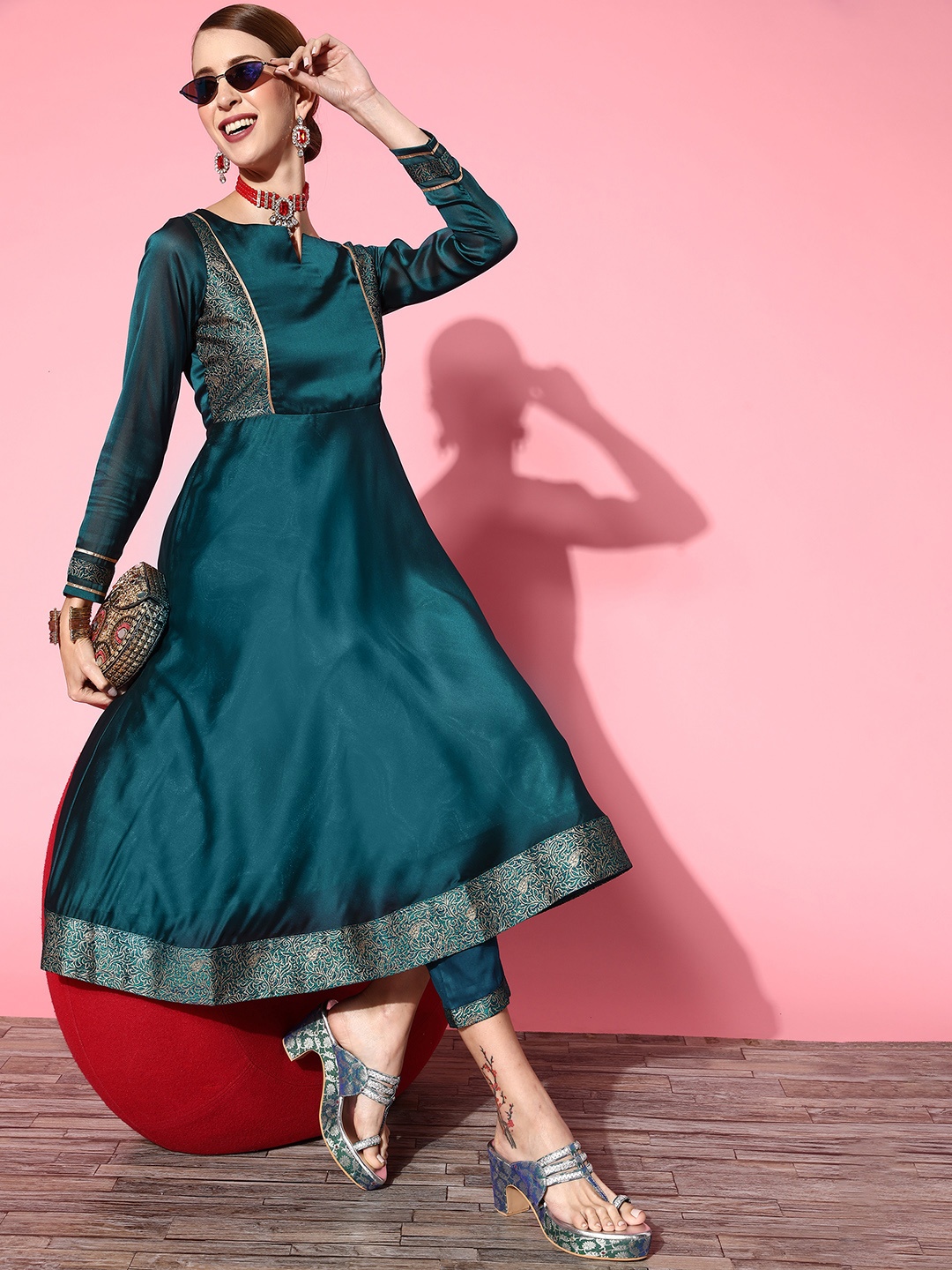 

Inddus Women Solid Silk Blend Ethereal Embroidery Kurta Set, Teal