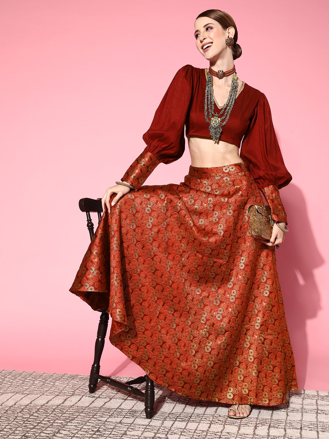 

Inddus Women Maroon & Gold-Toned Brocade Silk Blend Top with Skirt