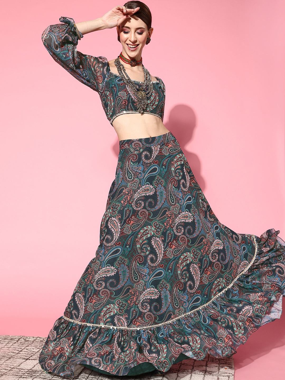 

Inddus Women Deep Navy Blue Printed Top With Skirt