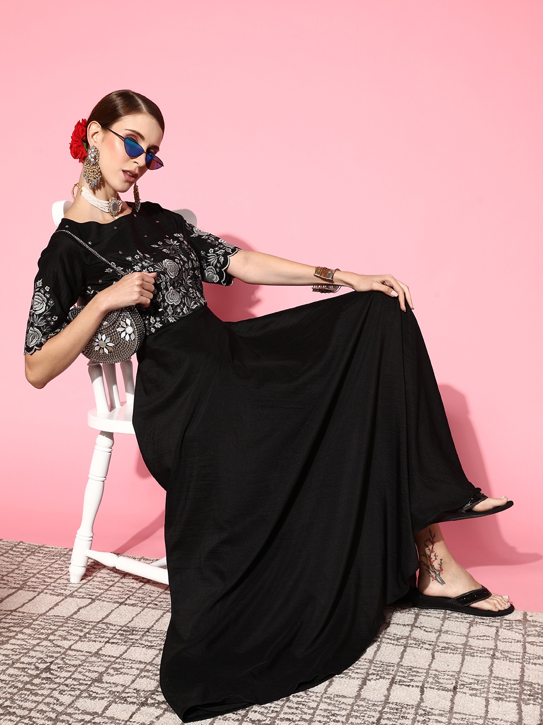 

Inddus Women Classic Black Floral Ethereal Embroidery Dress