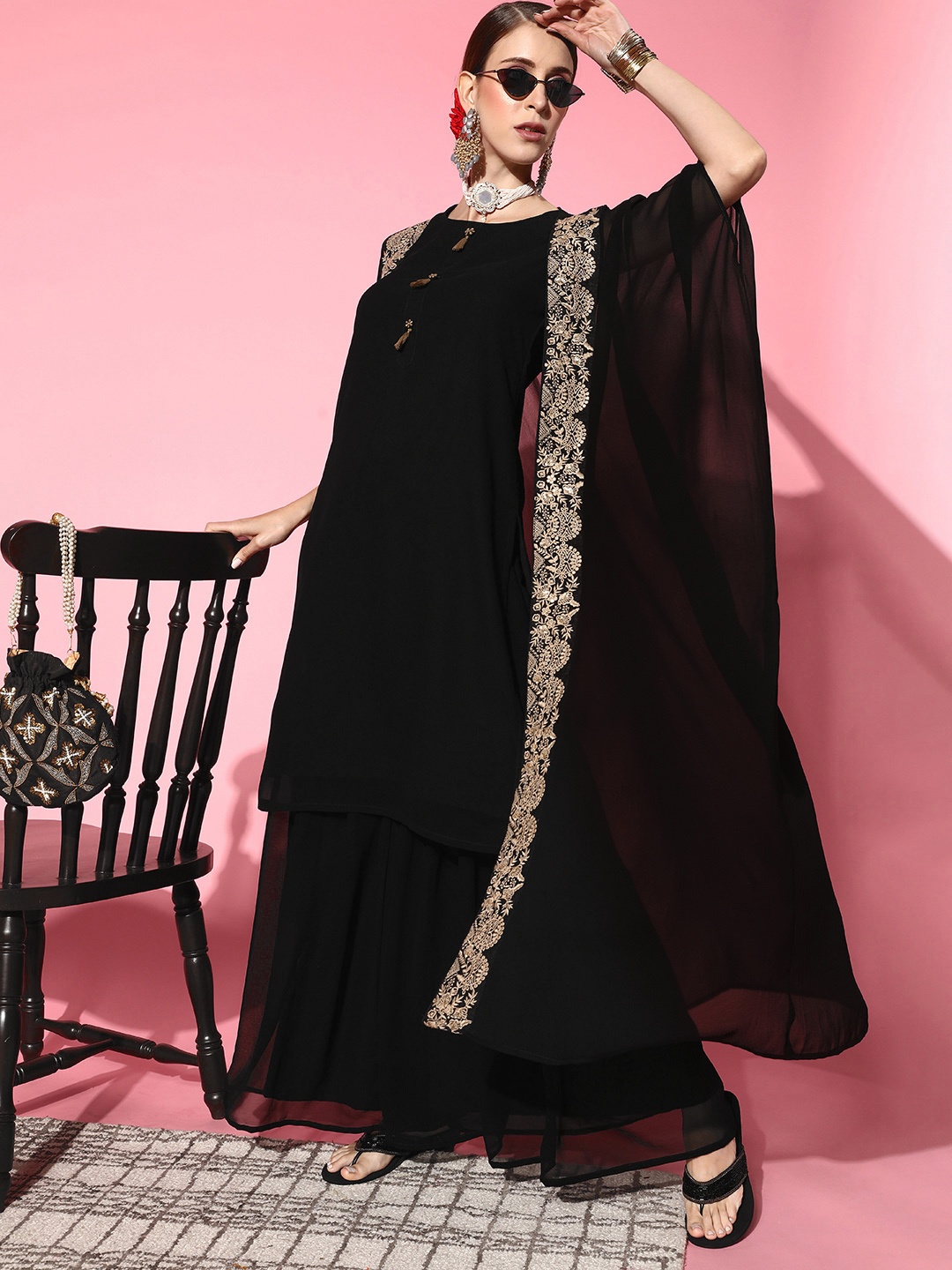 

Inddus Women Solid Poly-Georgette Ethereal Embroidery Kurta Set, Black