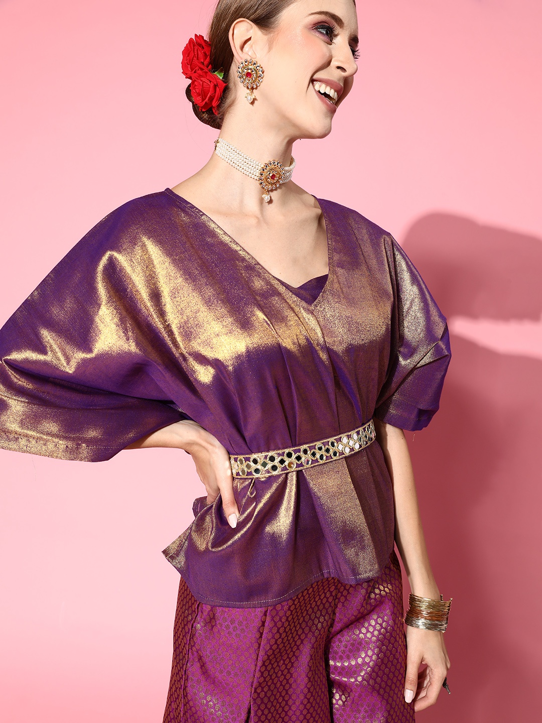 

Inddus Women Elegant Purple Solid Top With Palazzos