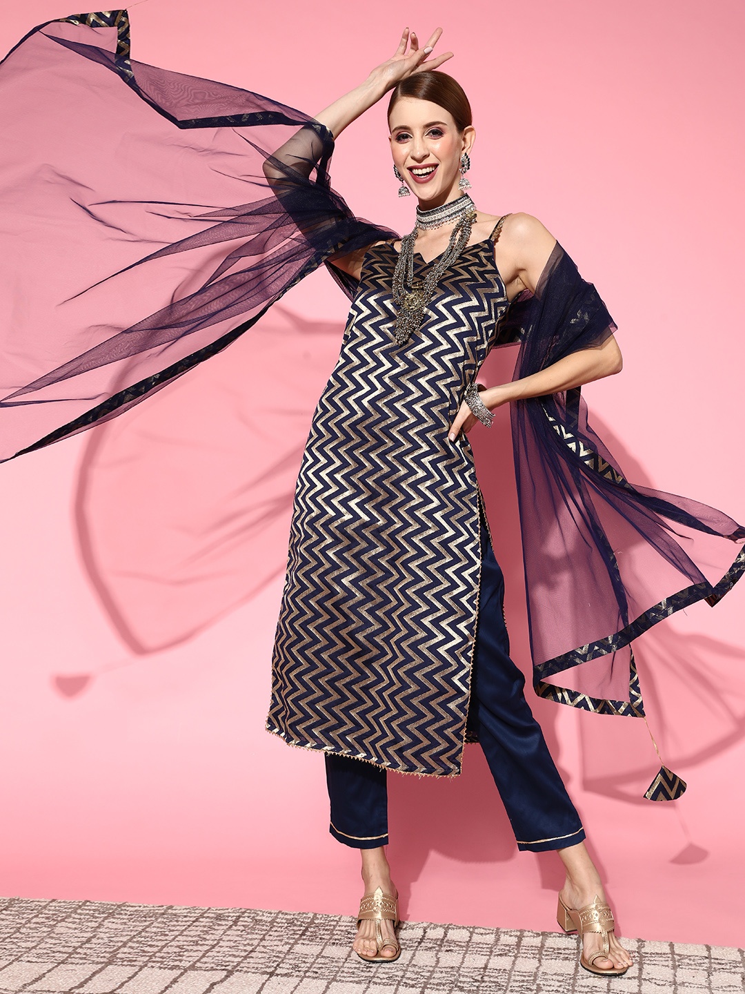 

Inddus Women Chevron Silk Blend Ethereal Embroidery Kurta Set, Navy blue