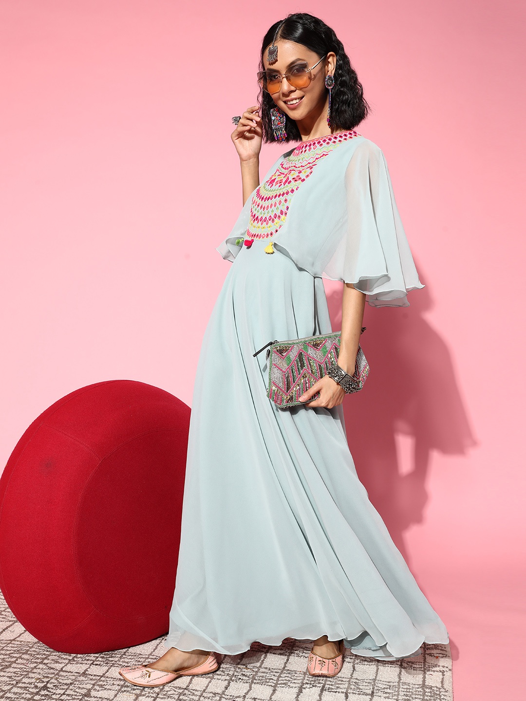 

Inddus Women Turquoise Blue Geometric Ethereal Embroidery Dress