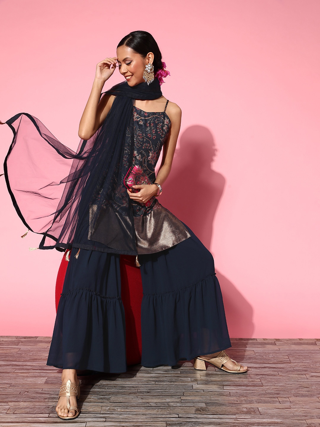 

Inddus Women Floral Silk Blend Ethereal Embroidery Kurta Set, Navy blue