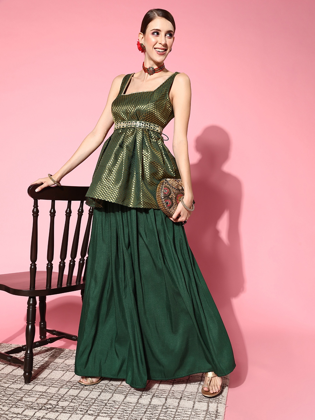 

Inddus Women Green Self-design Tunic With Solid Skirt