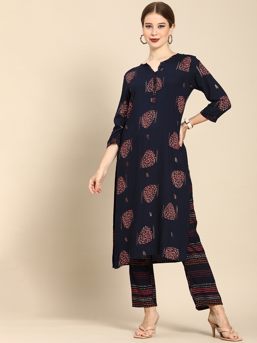 

Anouk Women Navy Blue Ethnic Motifs Printed Kurta with Trousers