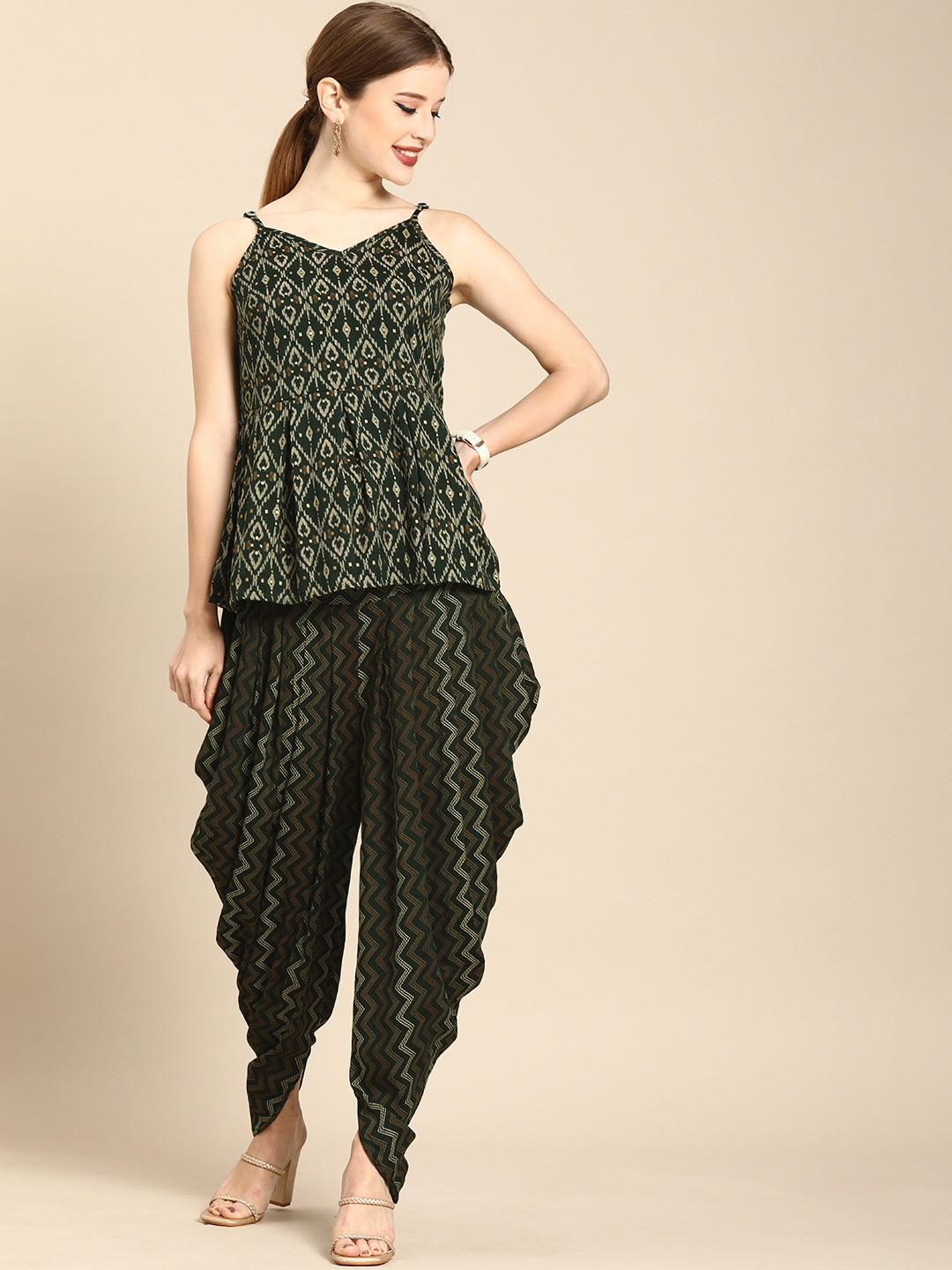 

Anouk Women Olive Green Ethnic Motifs Printed Empire Kurti with Dhoti Pants