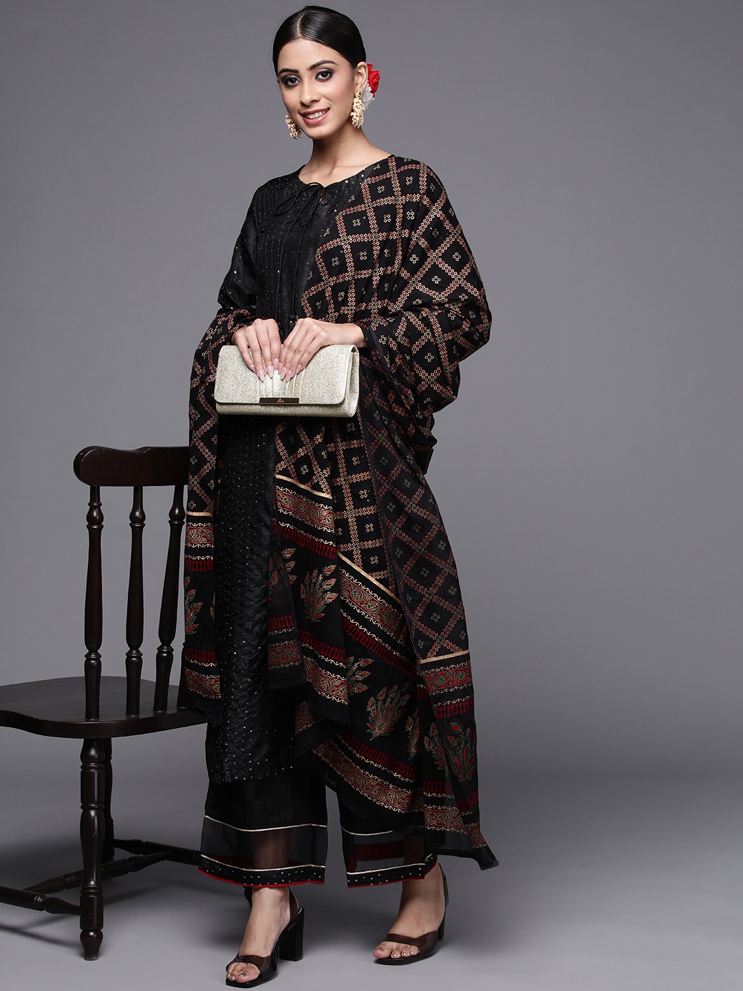 

Indo Era Women Black Sequinned Kurta with Palazzos & With Dupatta