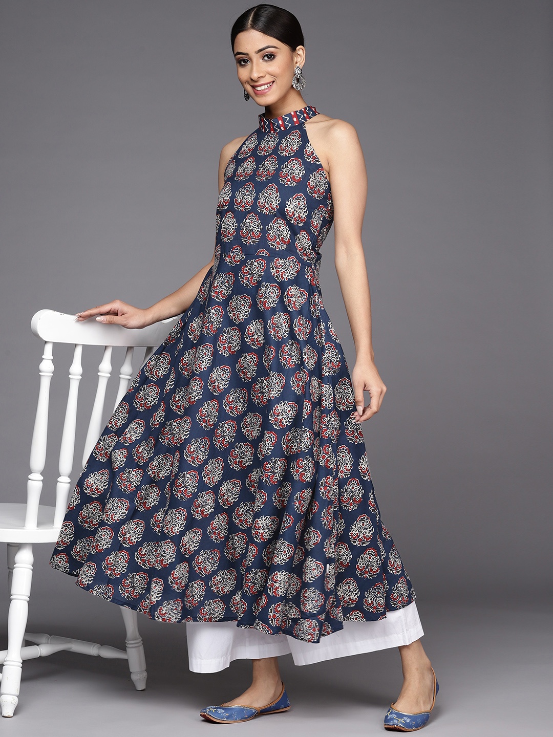 

Indo Era Women Navy Blue Ethnic Motifs Printed Halter Neck Kurta