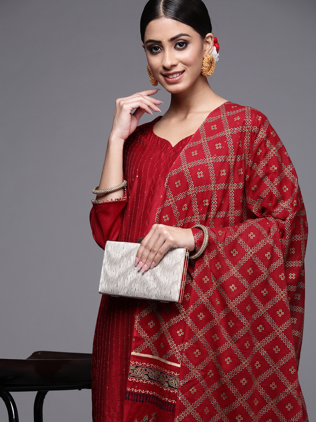 

Indo Era Women Red Sequinned Kurta with Trousers & Dupatta