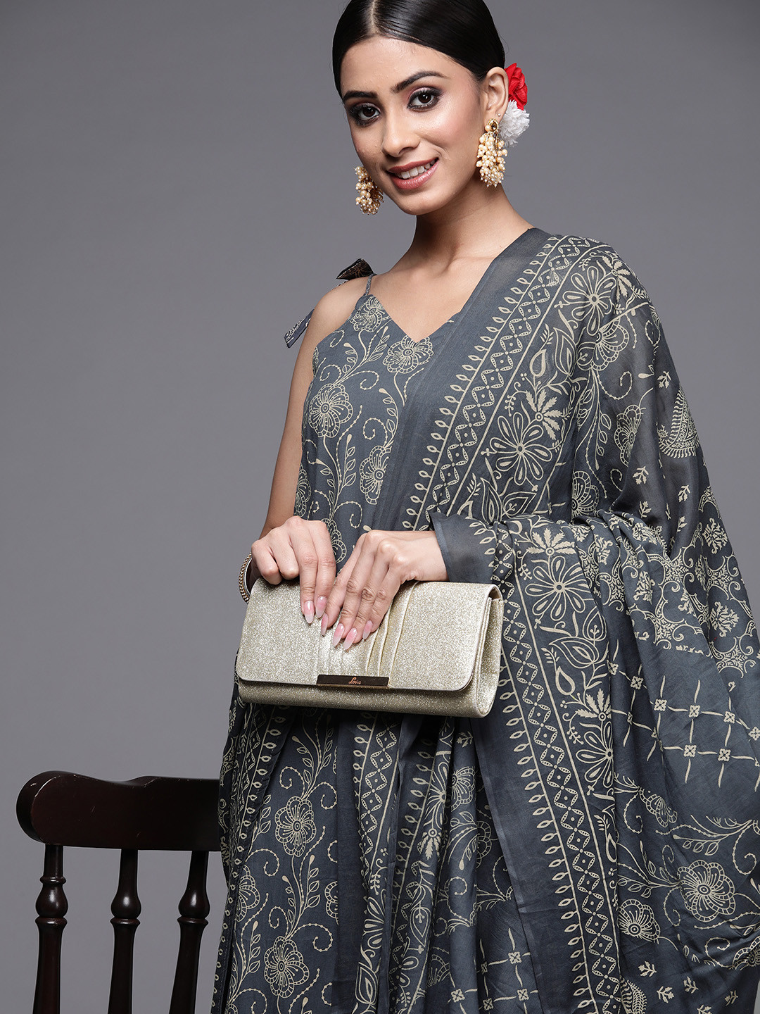 

Indo Era Women Grey & Beige Ethnic Motifs Printed Kurta with Palazzos & Dupatta