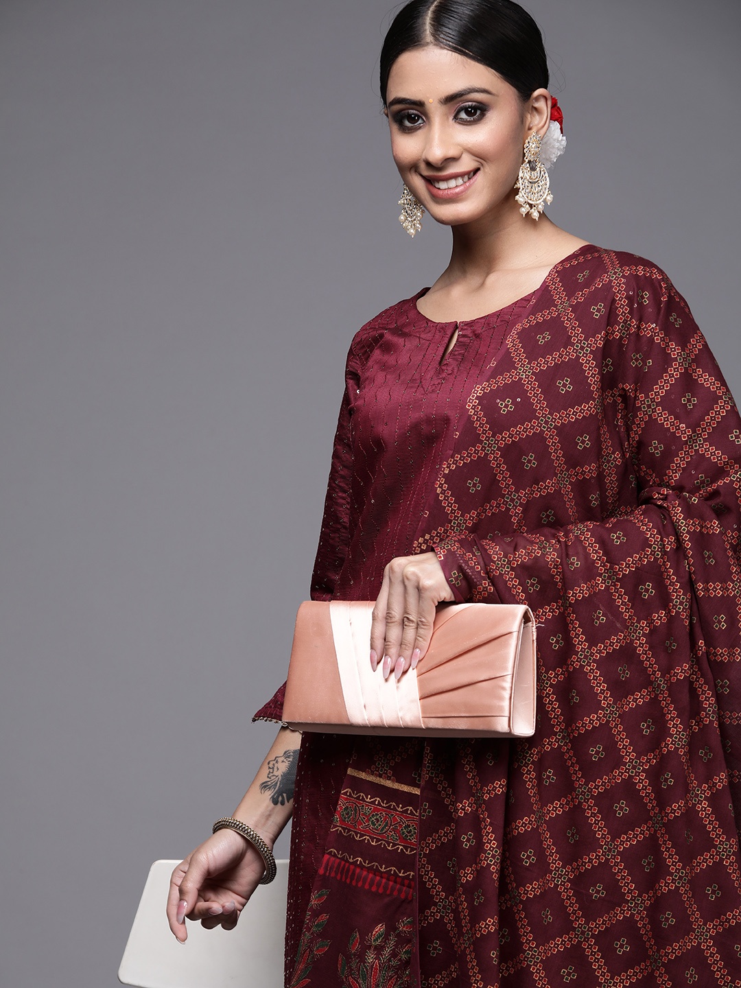 

Indo Era Women Burgundy Sequined Kurta with Palazzos & Dupatta