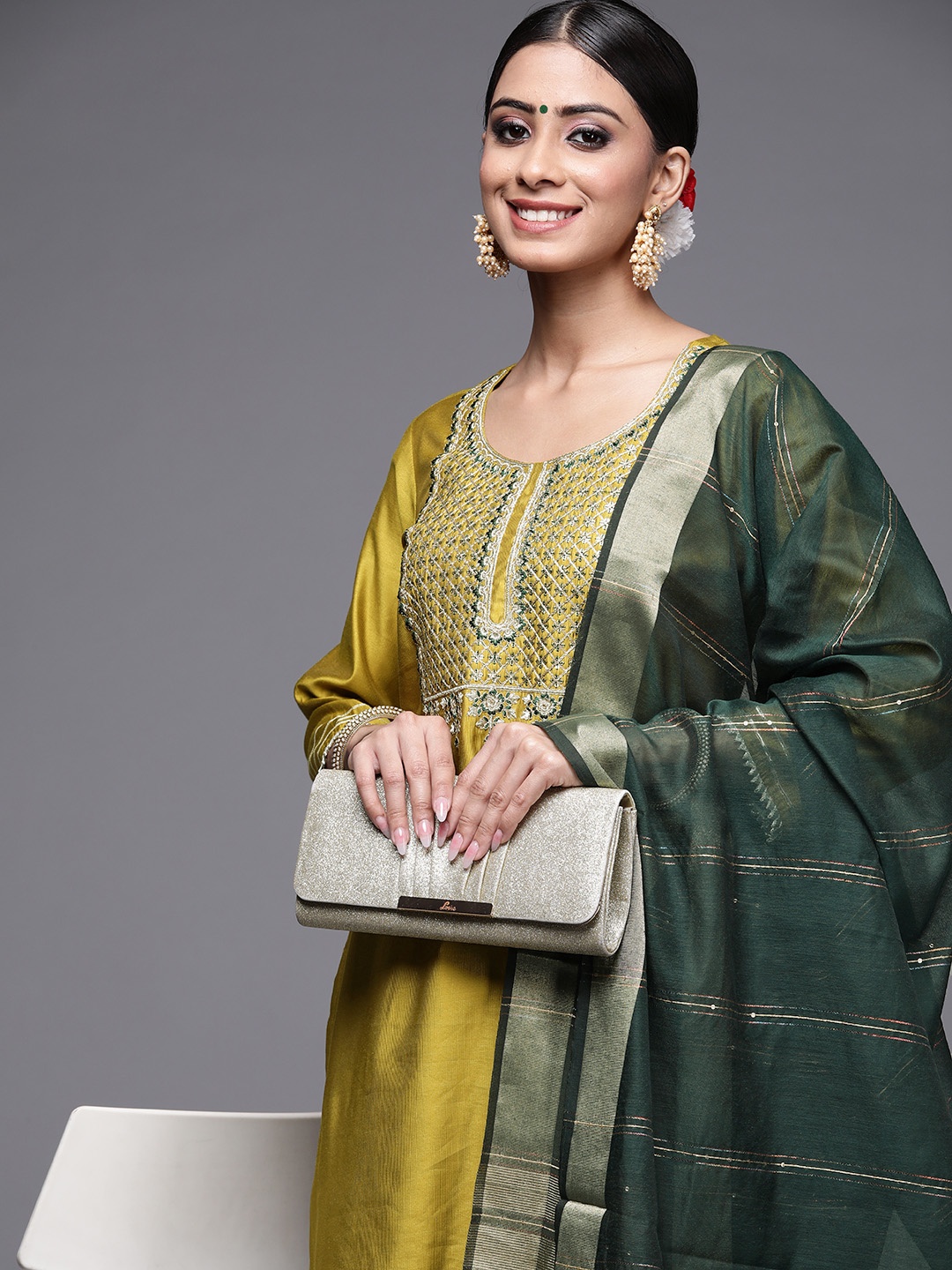 

Indo Era Women Olive Green Ethnic Motifs Yoke Design Liva Kurta with Palazzos & With Dupatta