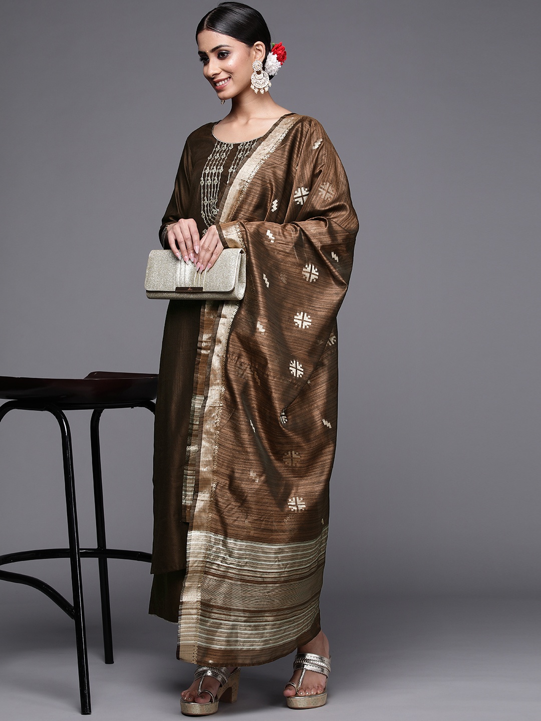 

Indo Era Women Brown & Gold Sequined Yoke Design Kurta with Palazzos & Dupatta