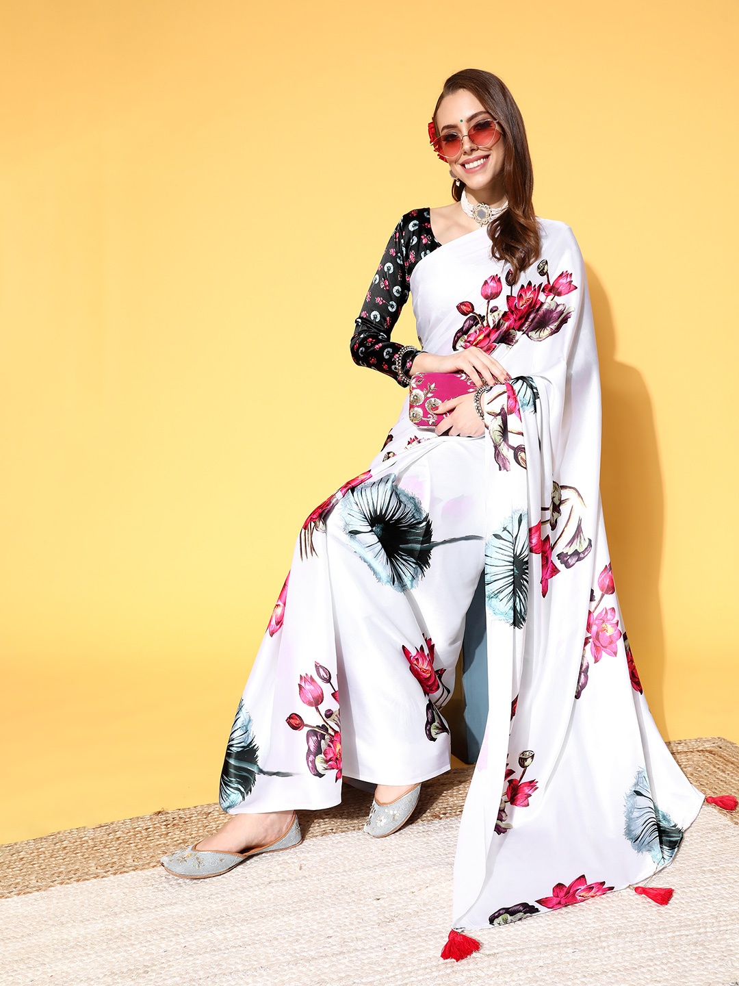 

Mitera White & Red Floral Satin Saree