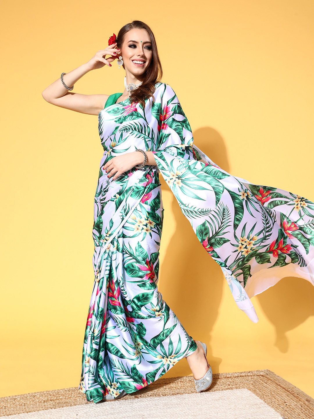 

Mitera Floral Satin Saree, Green