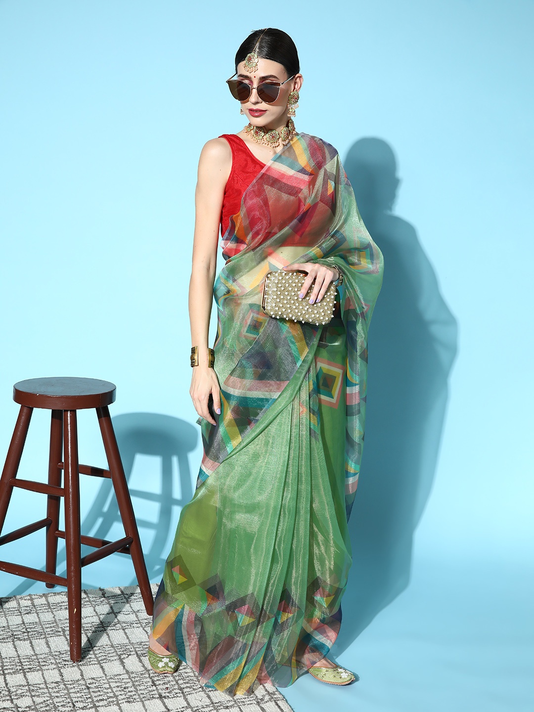 

Mitera Green Printed Organza Saree
