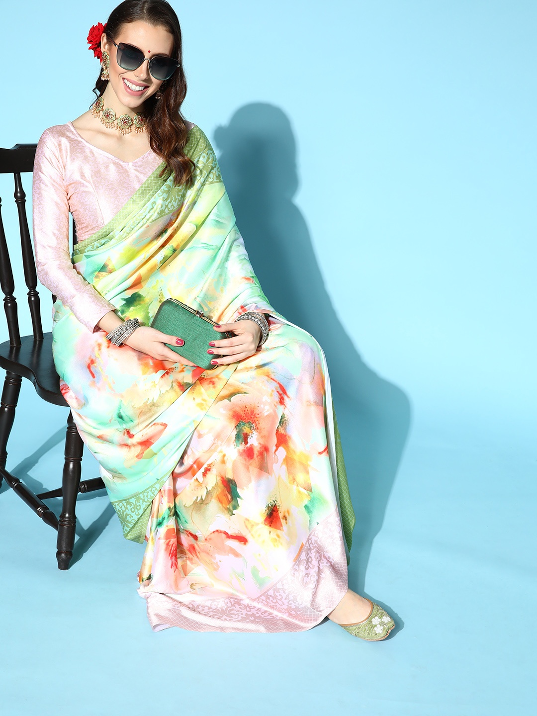 

Mitera Floral Satin Saree with Printed border, Green