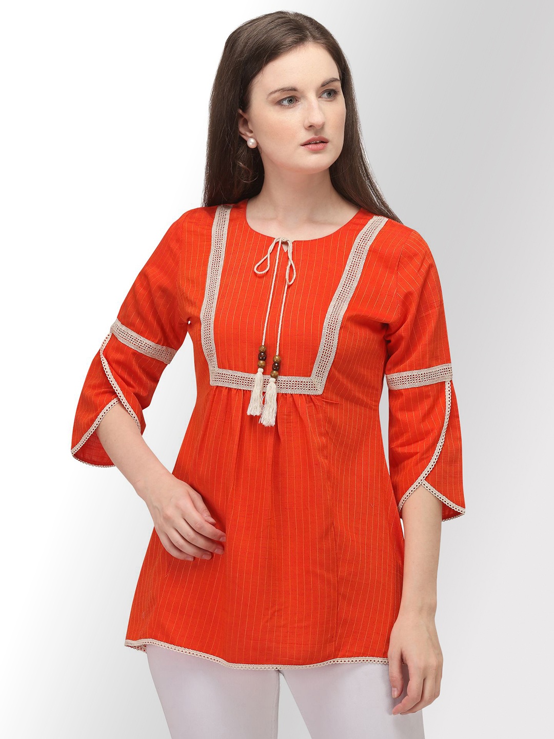 

Shopping Queen Orange Striped Tie-Up Neck Top