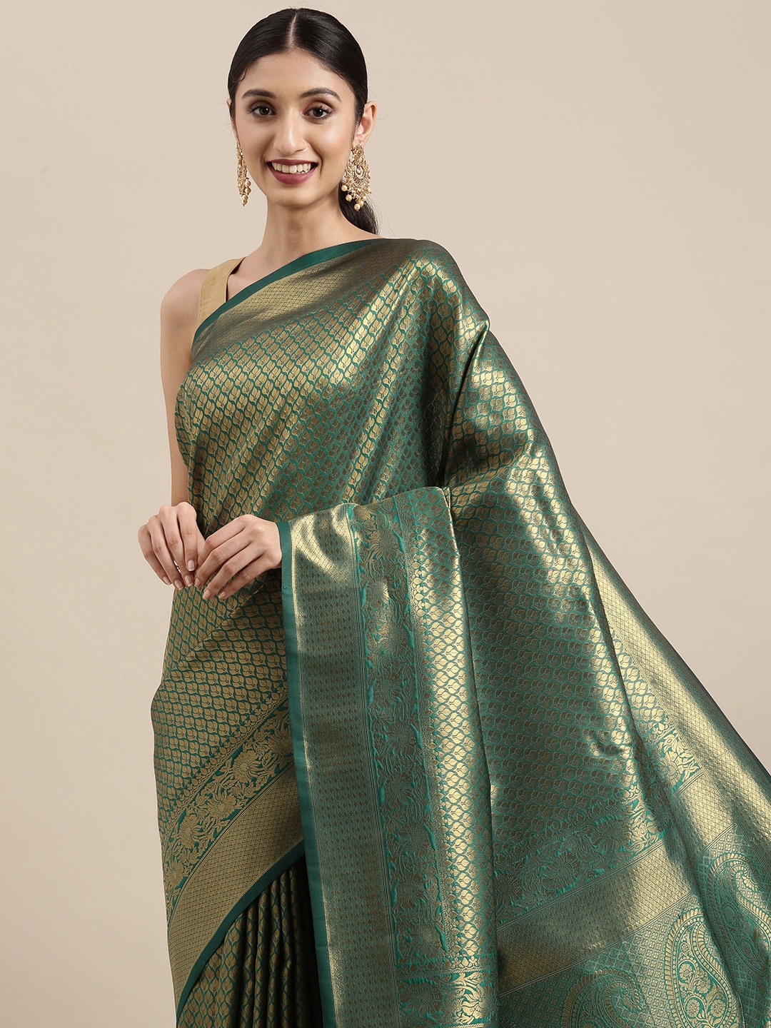 

Mitera Green Woven Design Zari Silk Blend Kanjeevaram Saree