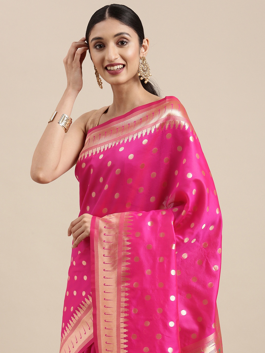 

Mitera Pink Woven Design Zari Silk Blend Paithani Saree