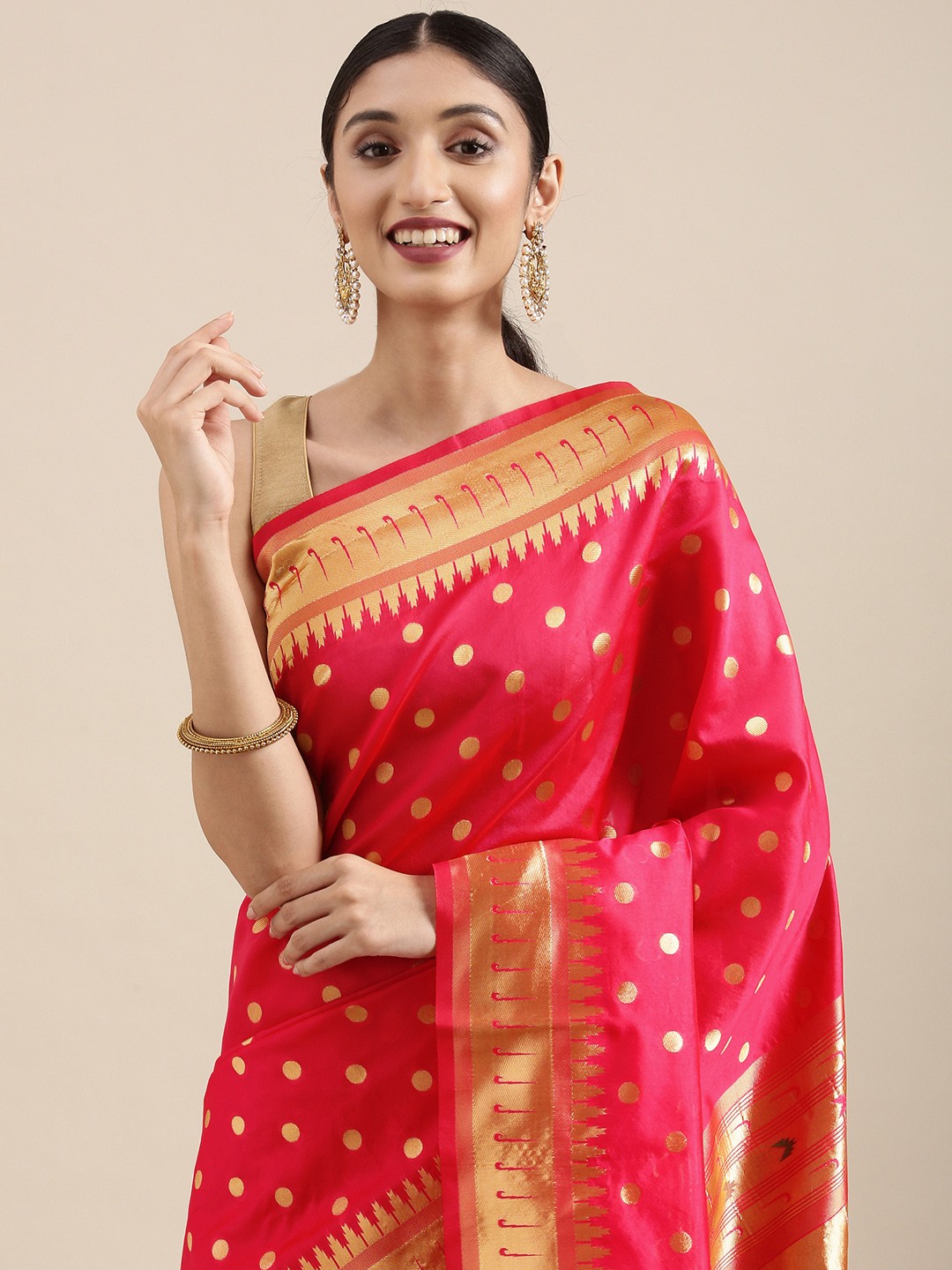 

Mitera Red & Gold-Toned Woven Design Zari Silk Blend Paithani Saree