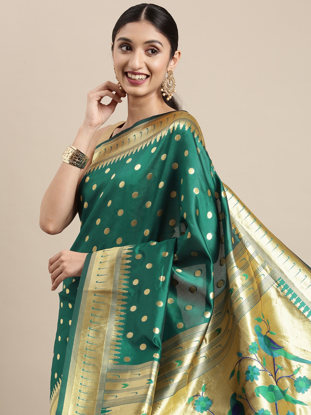 

Mitera Green & Gold-Toned Zari Silk Blend Paithani Saree