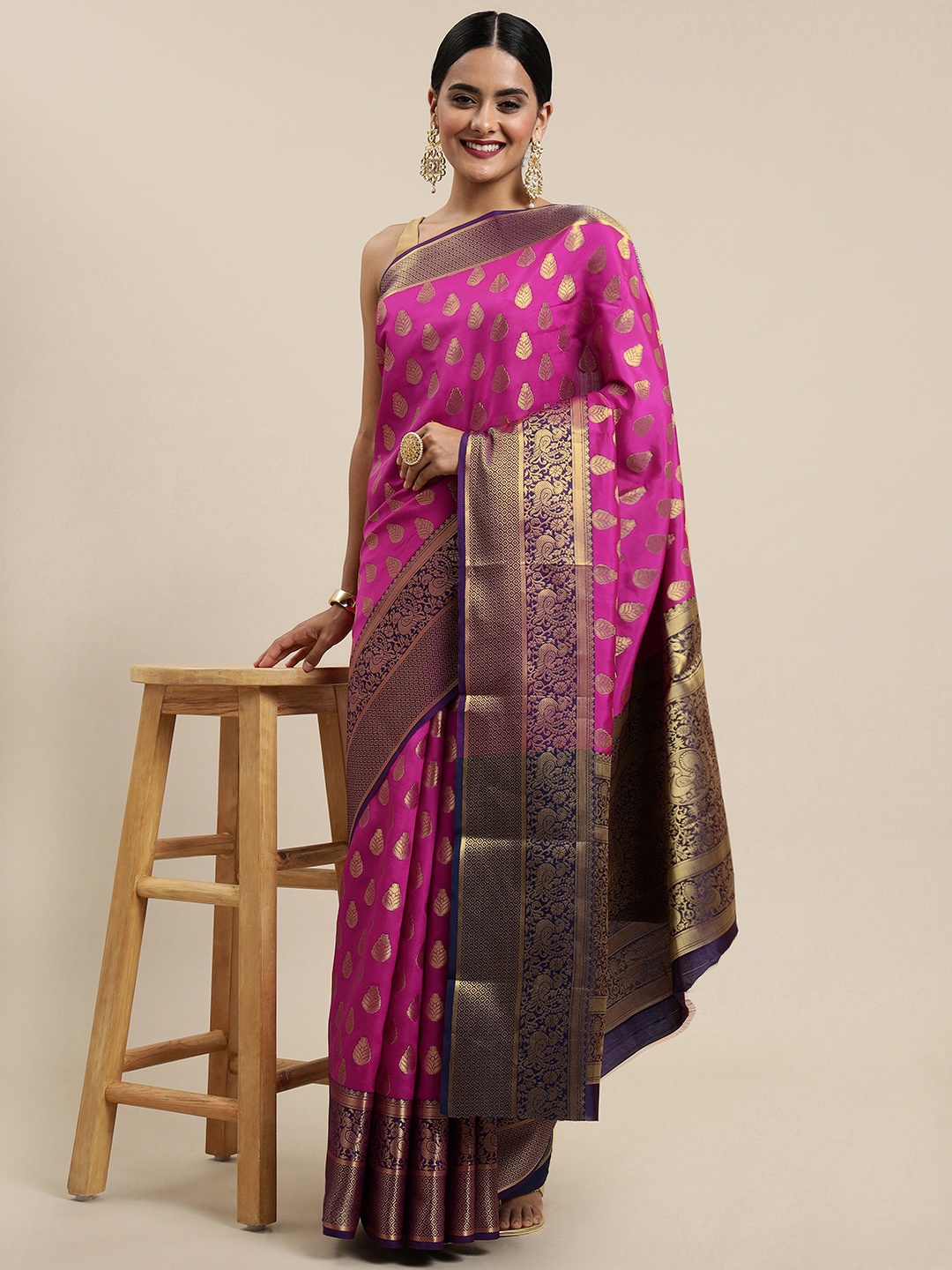 

Mitera Purple & Golden Woven Design Zari Silk Blend Saree