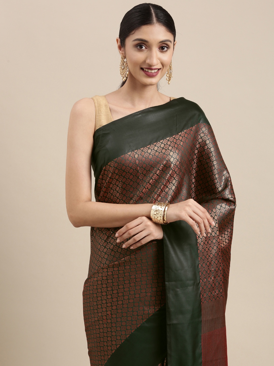 

Mitera Olive Green & Gold-Toned Woven Design Zari Silk Blend Heavy Work Kanjeevaram Saree