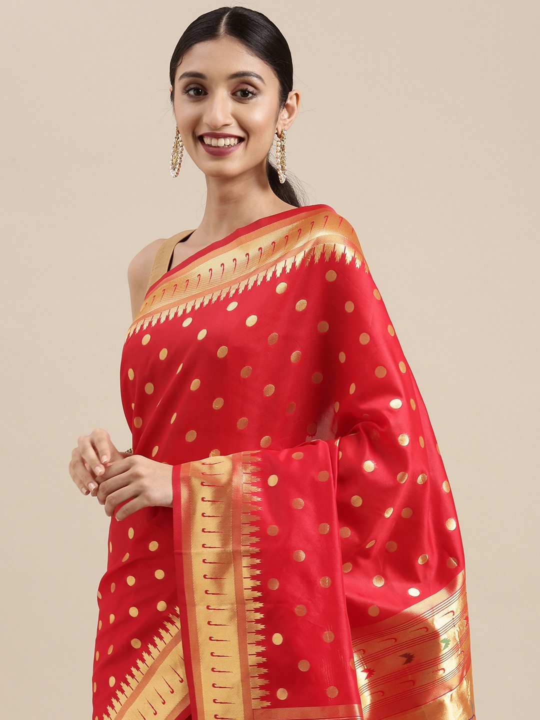 

Mitera Red & Gold-Toned Zari Silk Blend Heavy Work Paithani Saree