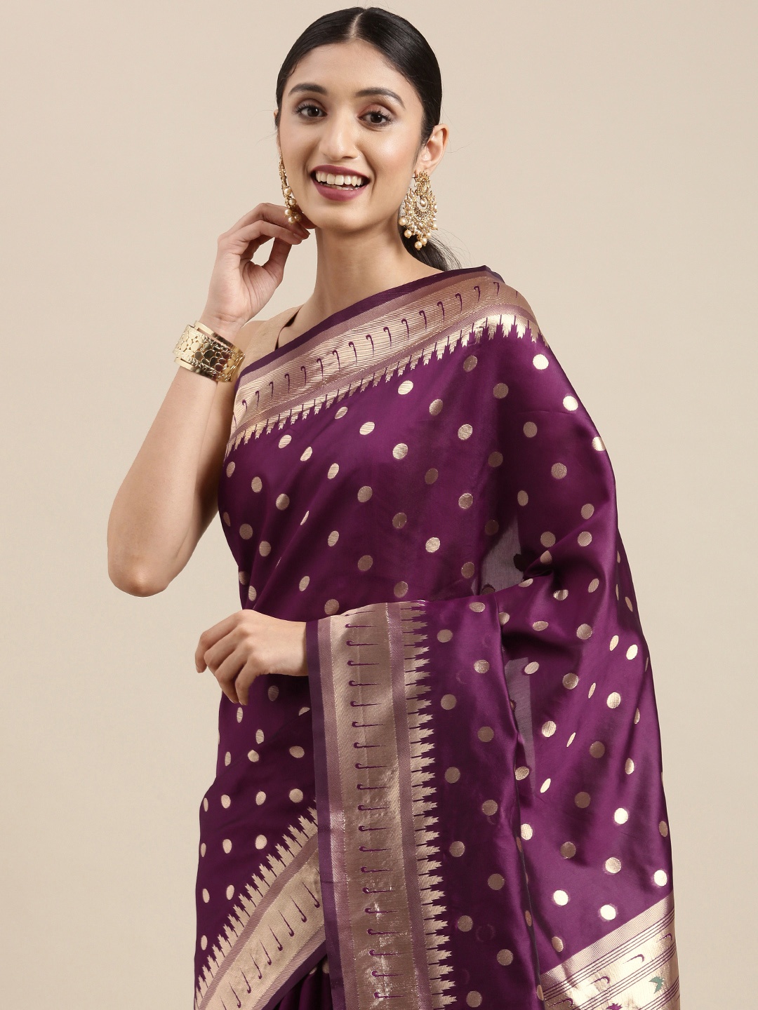 

Mitera Purple & Gold-Toned Zari Silk Blend Heavy Work Paithani Saree