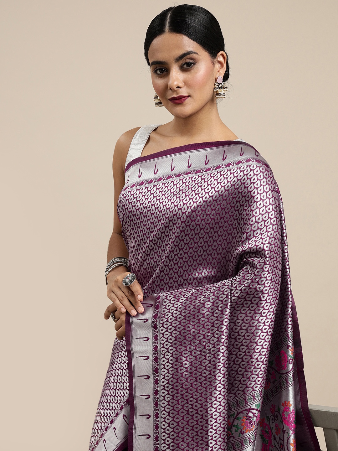 

Mitera Purple & Silver Woven Design Zari Silk Blend Saree