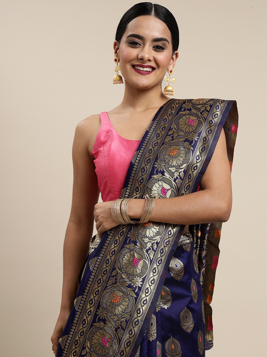 

Mitera Navy Blue Floral Zari Silk Blend Kanjeevaram Saree