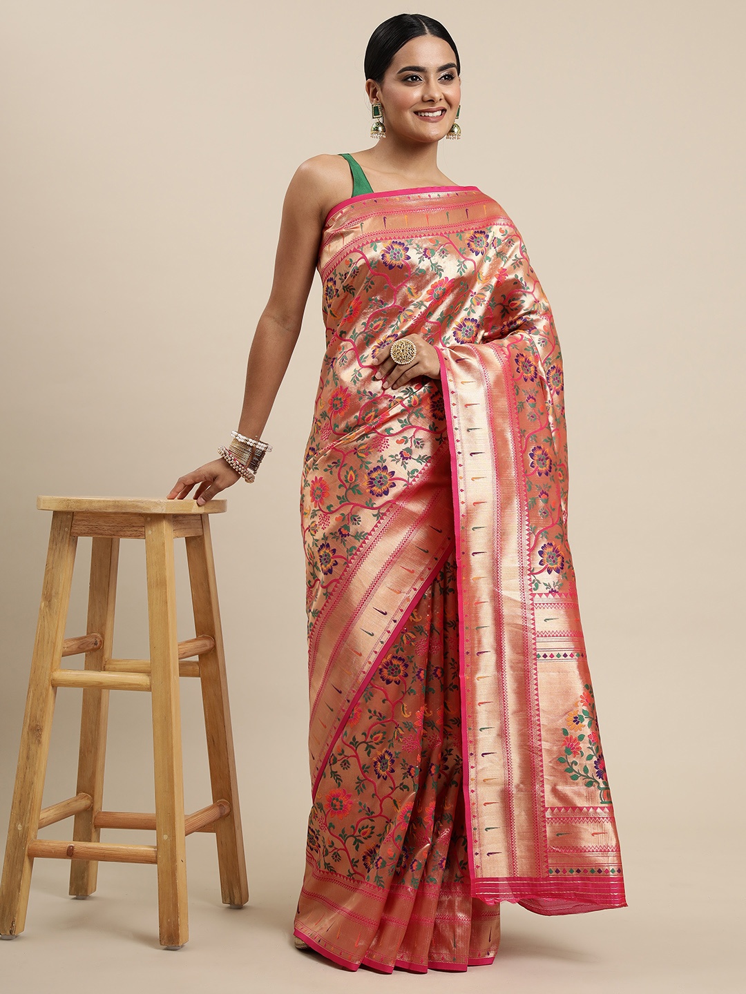 

Mitera Pink & Golden Ethnic Motifs Zari Silk Blend Paithani Saree