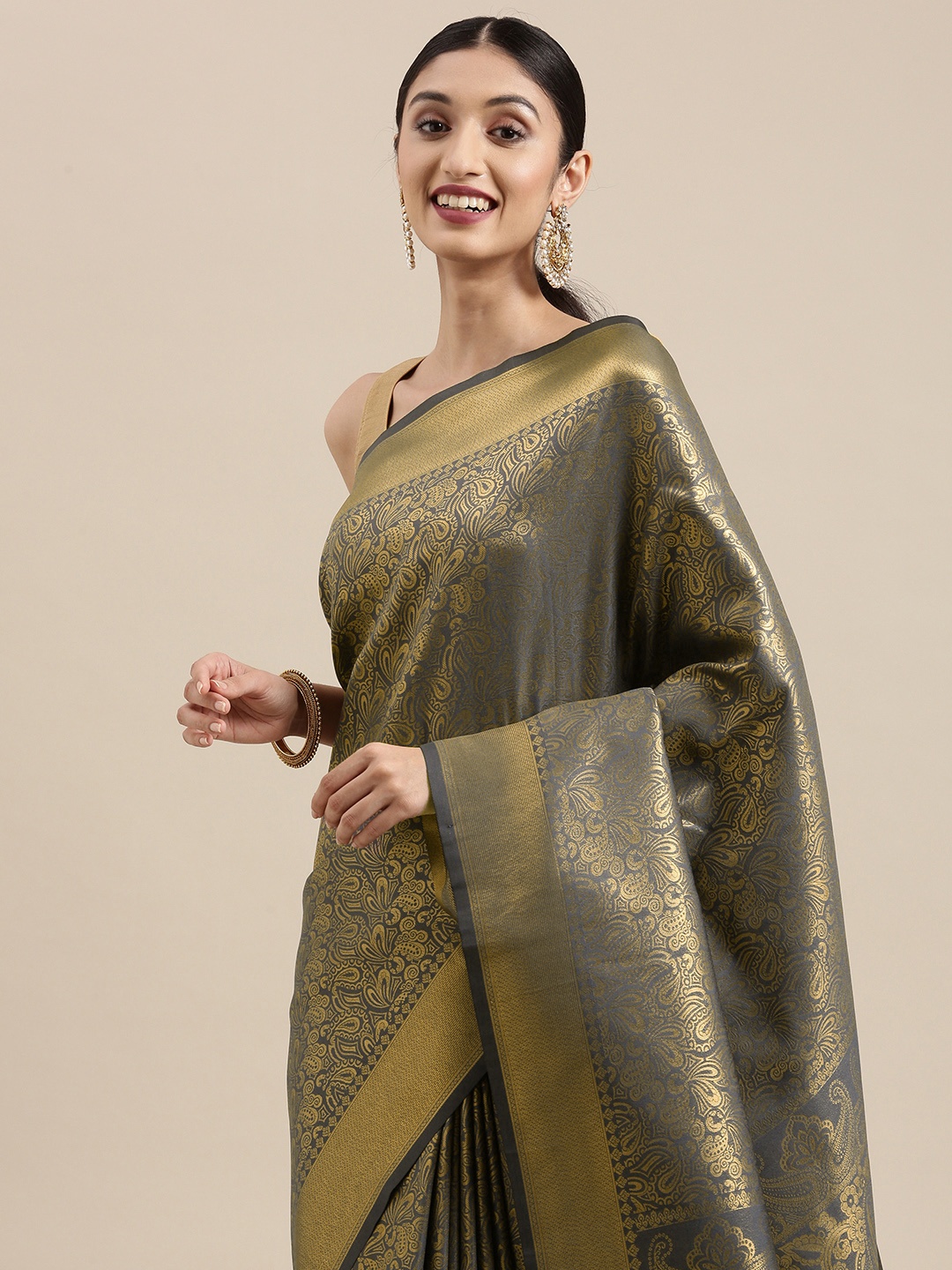 

Mitera Grey & Gold-Toned Paisley Zari Silk Blend Heavy Work Kanjeevaram Saree