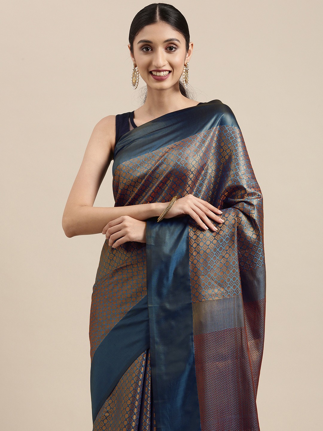 

Mitera Blue & Gold-Toned Woven Design Zari Silk Blend Heavy Work Kanjeevaram Saree