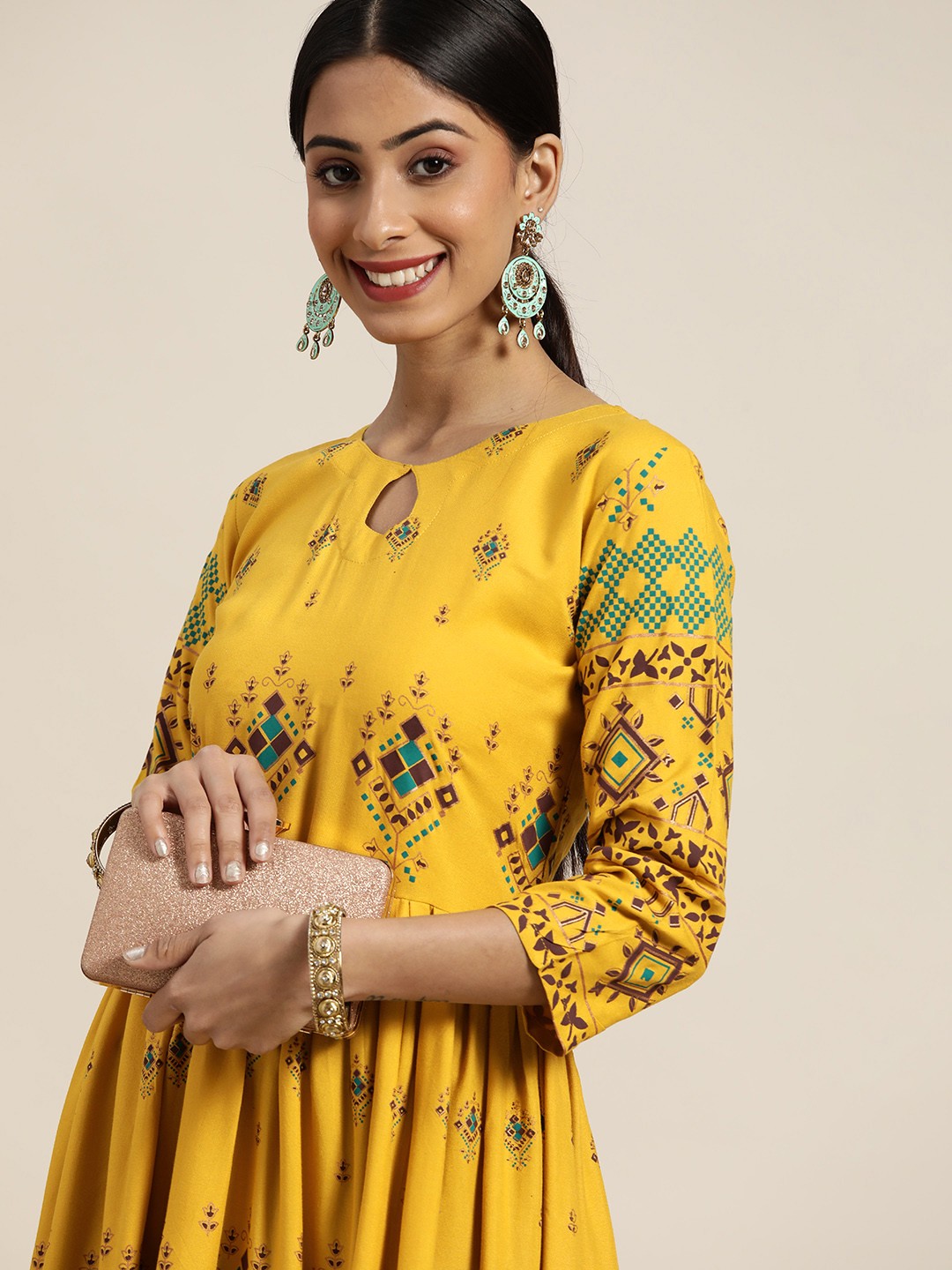 

Sangria Mustard Yellow Ethnic Motifs Keyhole Neck Ethnic Maxi Dress