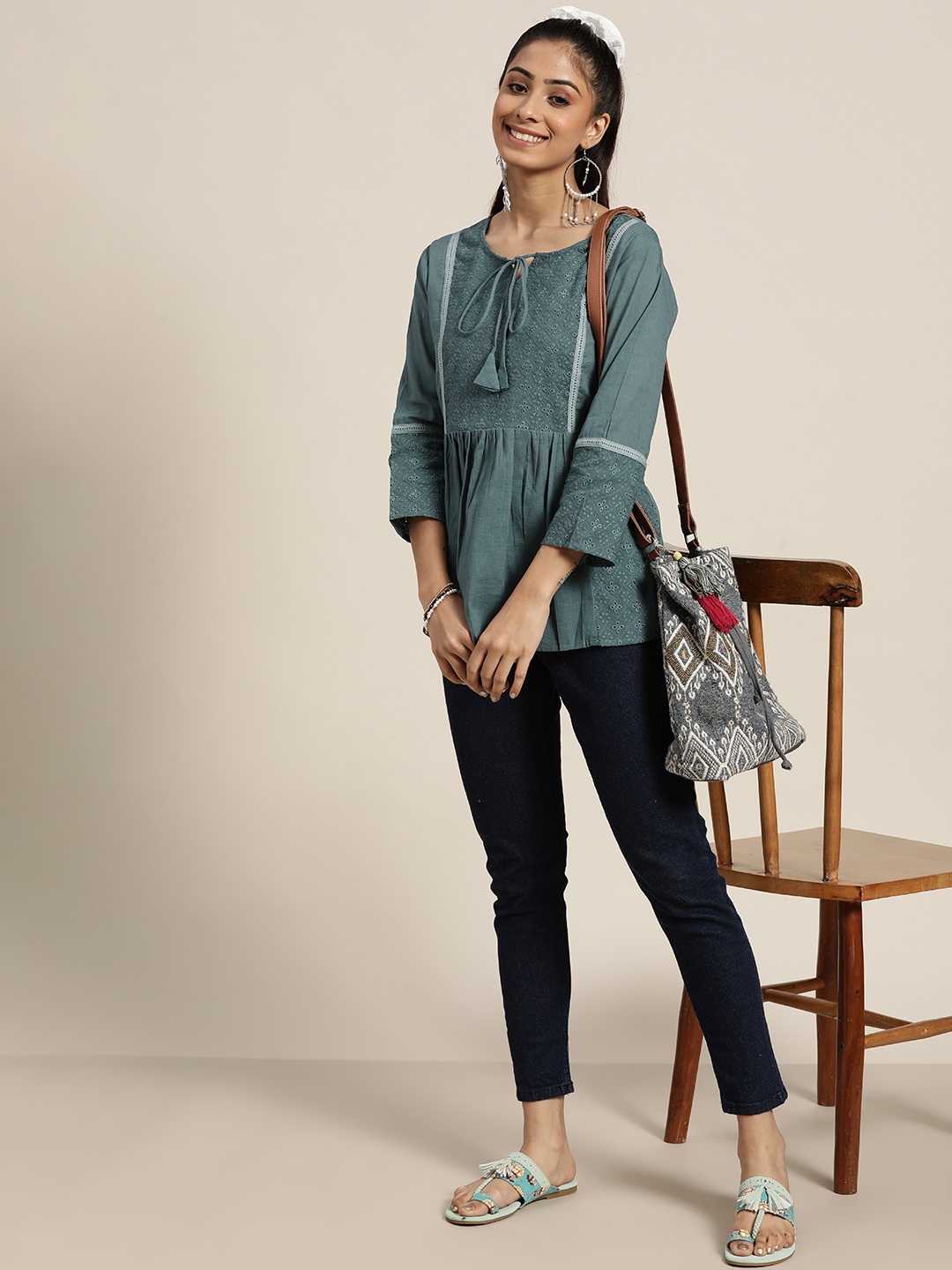 

Sangria Teal Blue Cotton Keyhole Neck Top