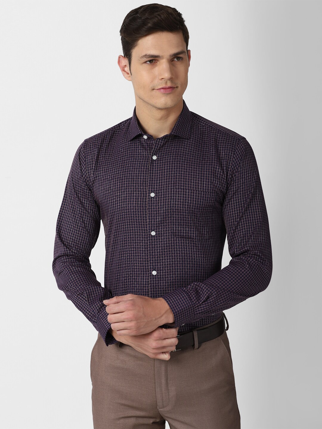 

Peter England Men Purple Slim Fit Checked Pure Cotton Formal Shirt