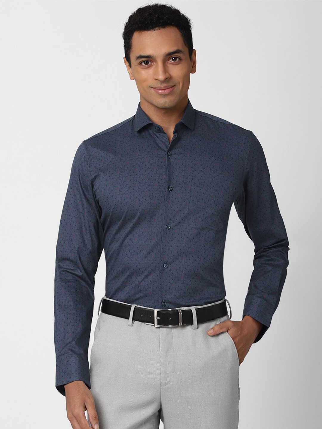 Peter England Men Navy Blue Slim Fit Printed Pure Cotton Formal Shirt