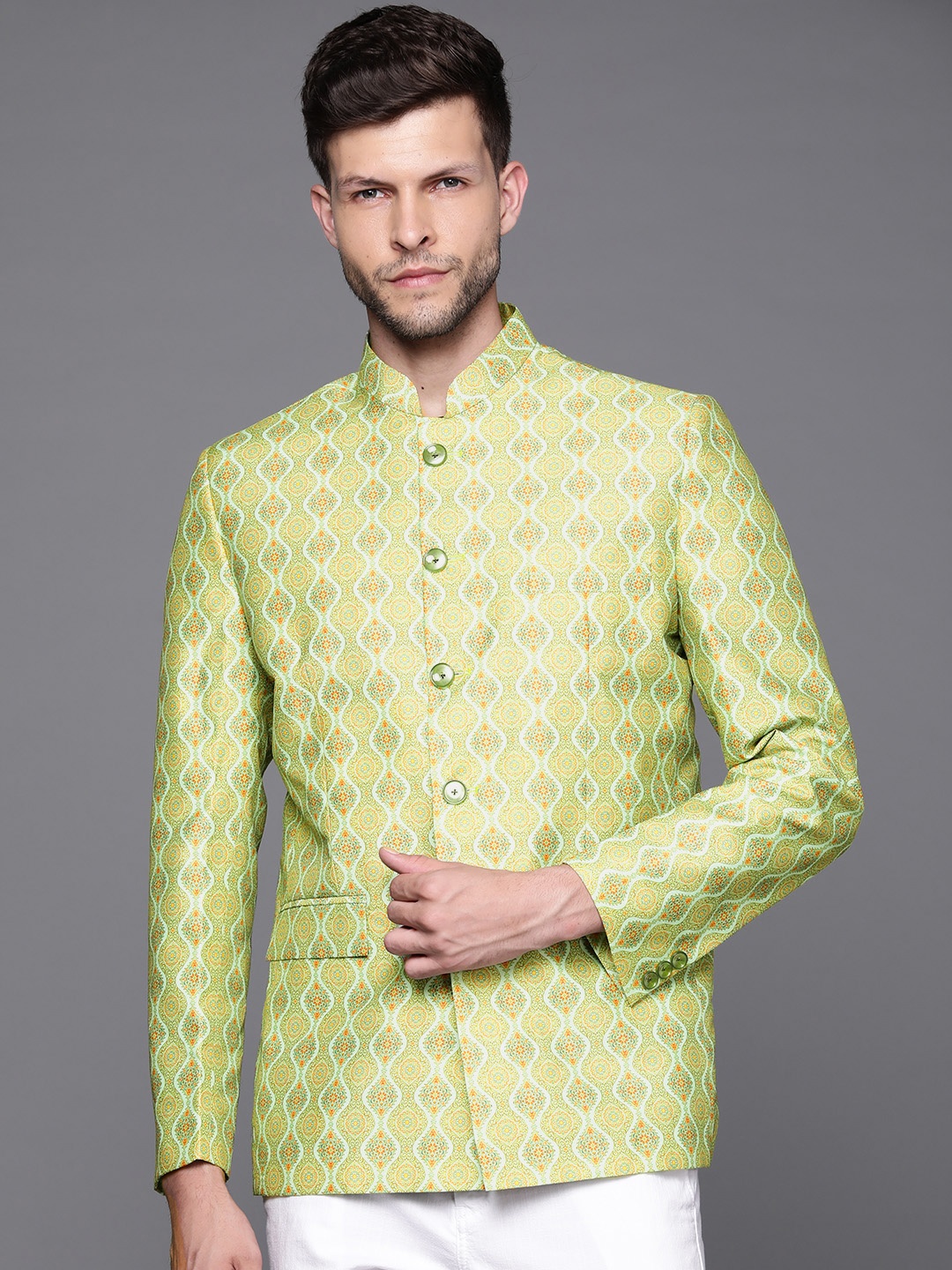 

DEYANN Men Green Ethnic Motifs Printed Bandhgala Blazer